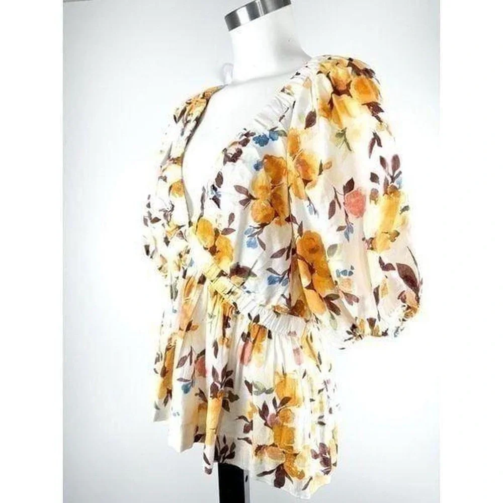 Abercrombie Fitch Sz L Top Floral Linen Blend Cottagecore Puff Sleeve Babydoll